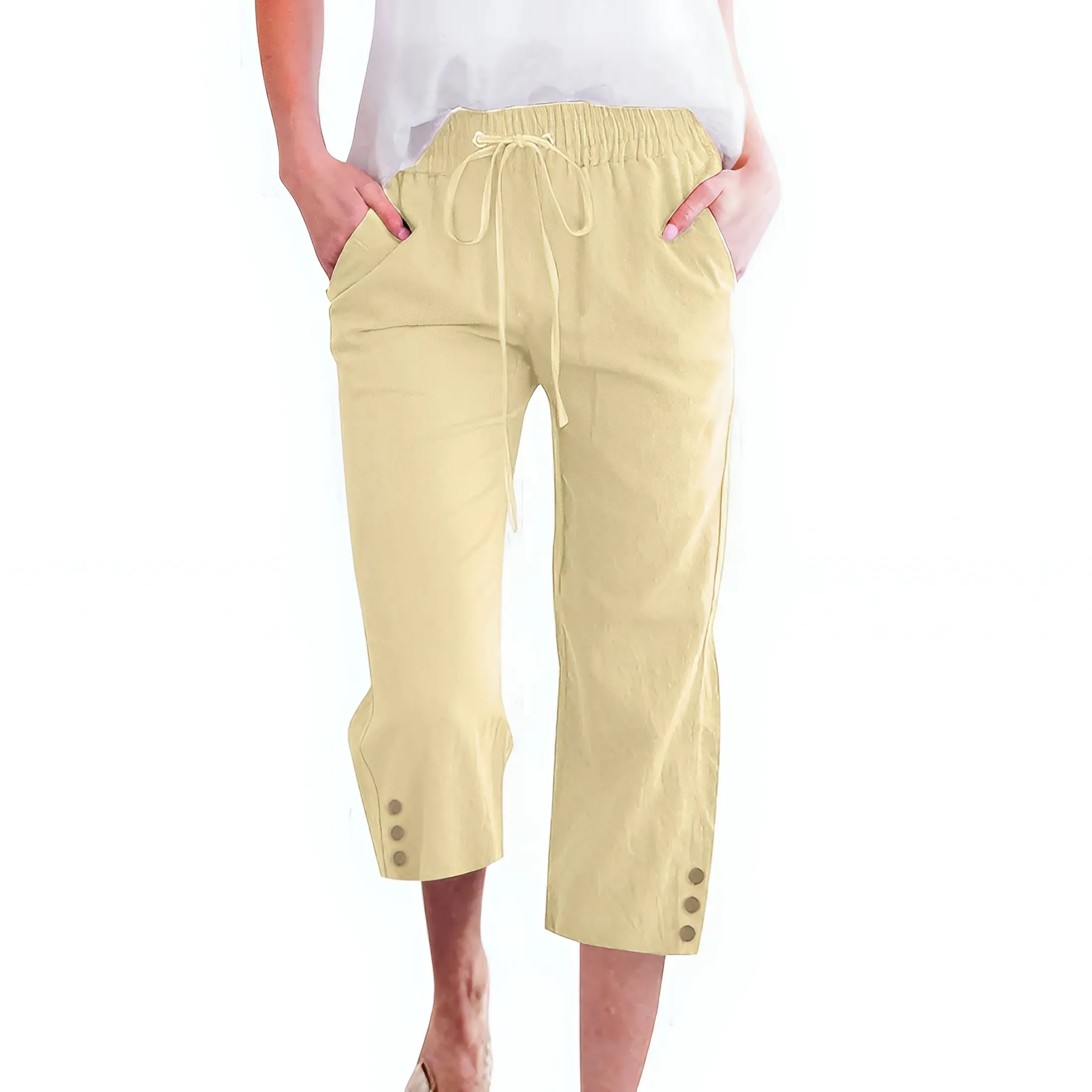 Cotton-Linen Capri Trousers with Drawstring Waist - Apricot, XL