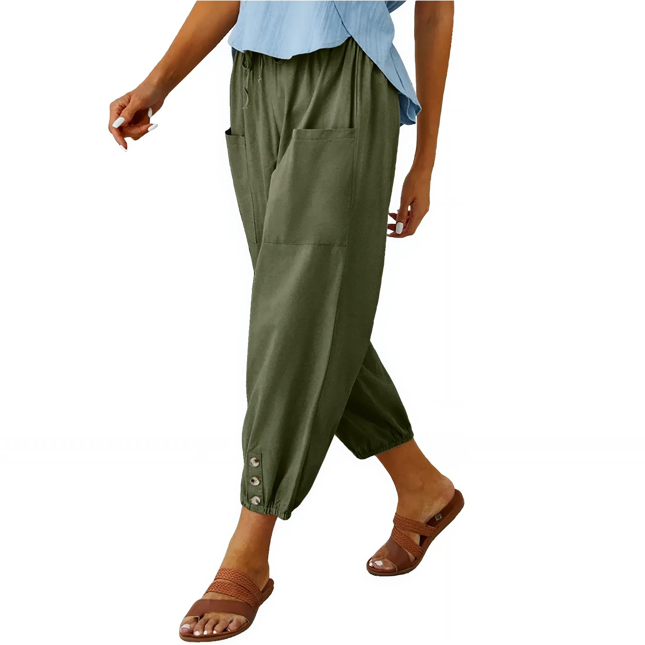 Wide Leg Cropped Trousers with Pockets - Army Green, 2XL