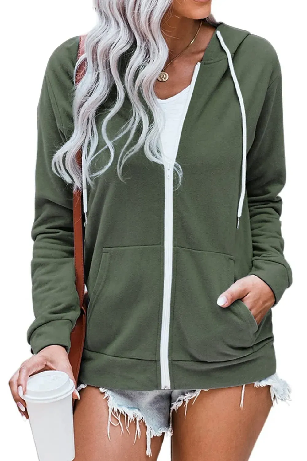 Full-Zip Hoodie with Side Pockets - Army Green, 2XL