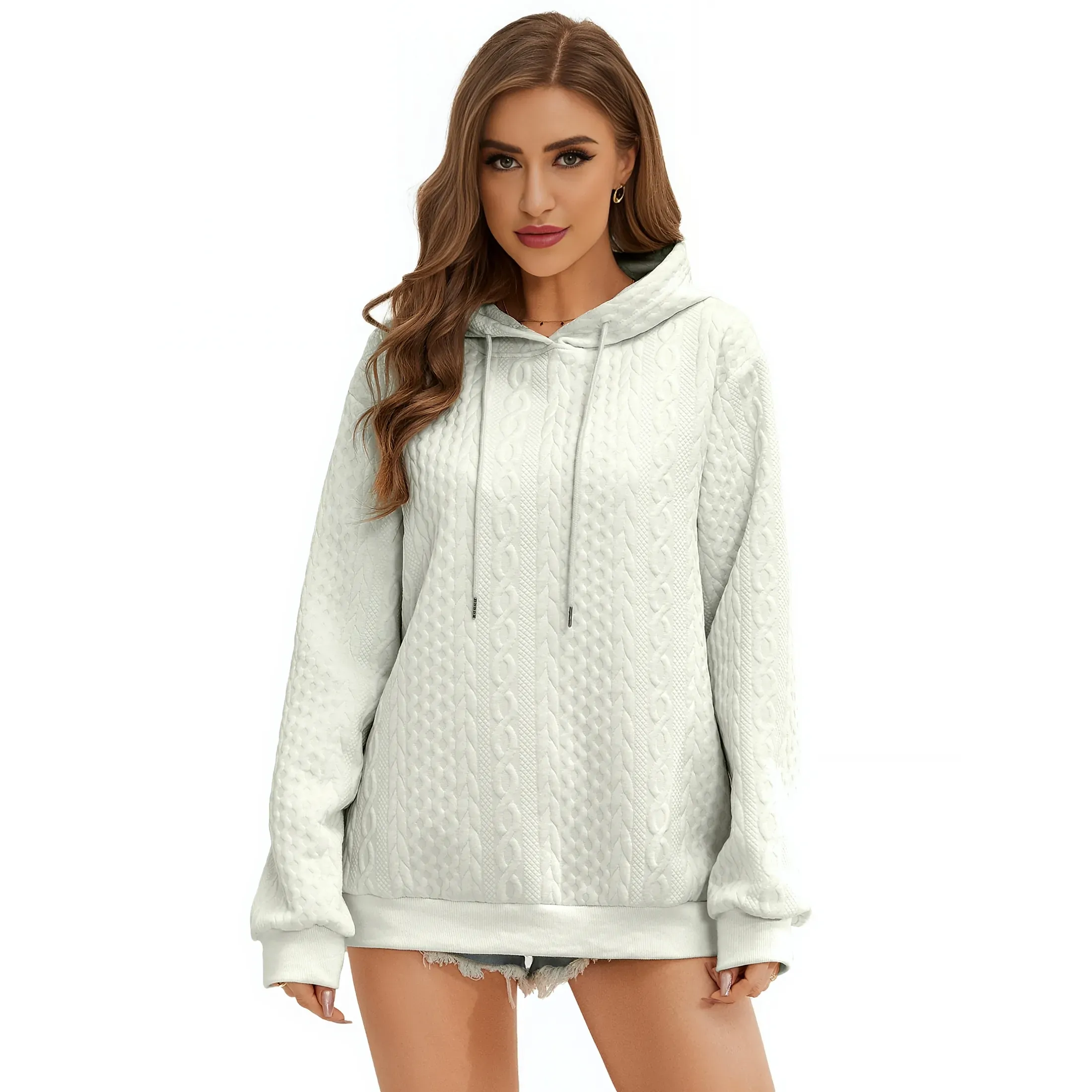 Oversized Pullover Hoodie with Drawstring Hood - Apricot, L